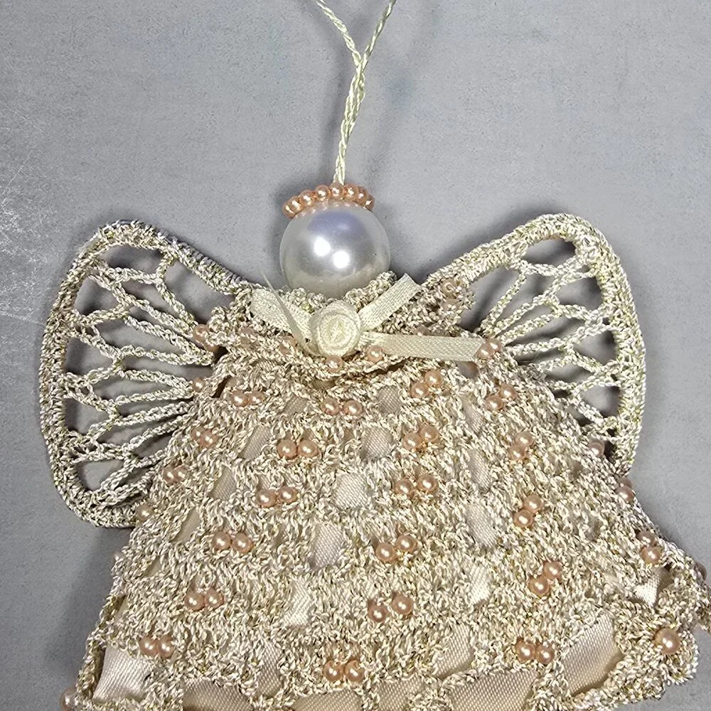 Hand Crocheted Beaded Angel Ornaments Set of 3 Fabric Holiday Decor Spiritual
